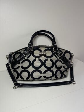 Coach Madison Op Art Satchel Black Gray Leather Trim Handbag Shoulder Purse Y2K